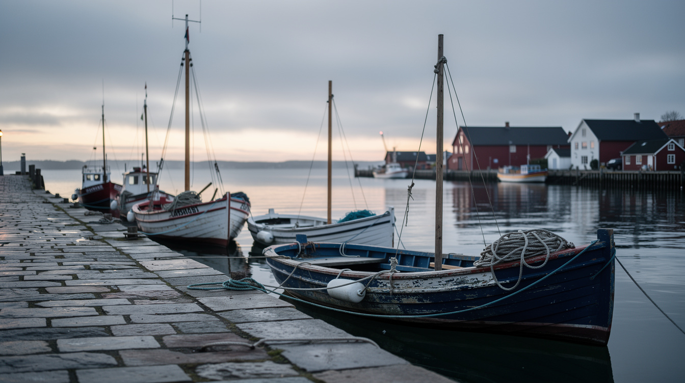 Fishing boats moored in a quiet Danish harbor at dawn