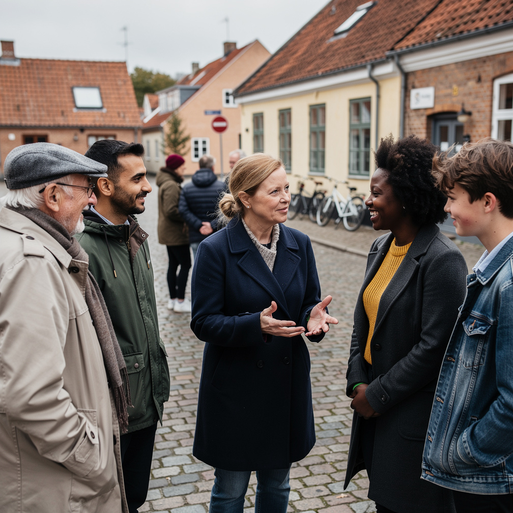 Group of local residents talking outdoors in a small Danish town