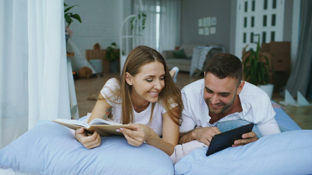 couple reading documents together